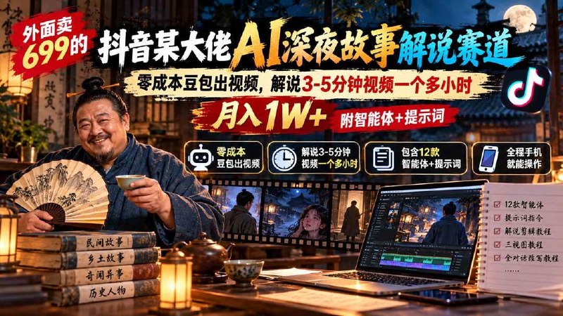 📌 #抖音  | 活动线报 · 返佣平台✍️ 《外面卖699的抖音某大佬AI深夜故事解说赛道 零成本豆包出视频》📖 项目介绍：一套围绕AI深夜故事解说赛道内容生产与广告分成变现打造的实操课程，重点解决传统故事视频制作流程复杂、人物一致性难控制、分镜效率低、剪辑耗时等问题
