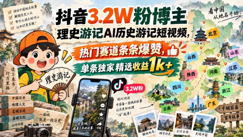 📌 #抖音  | 活动线报 · 返佣平台✍️ 《抖音3.2W粉博主理史游记AI历史游记短视频教学 热门赛道条条爆赞 单条独家精选收益1k+》📖 项目介绍：想入局历史游记热门短视频赛道，却不会写故事文案，不懂AI生成视频方法，不知道怎么拿到平台精选收益？这套课程带你从零上手做历史游记短视频