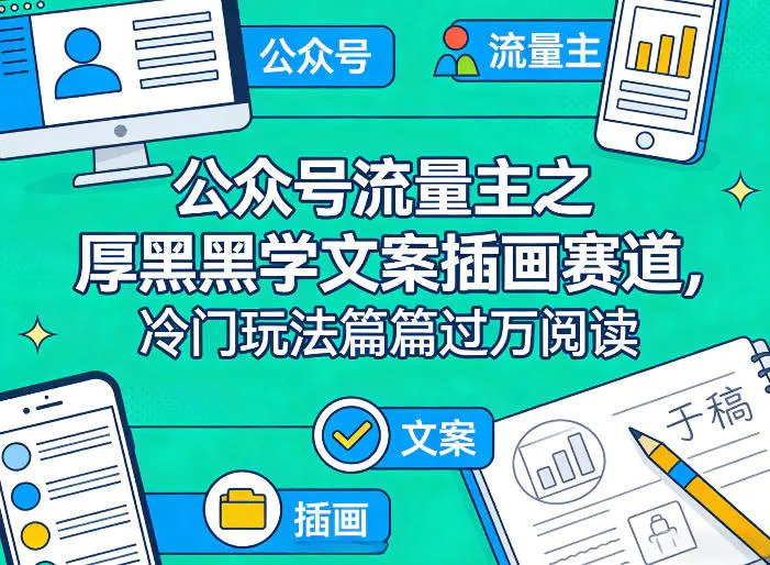 📌 #公众号 ✍️ 《公众号流量主之厚黑学文案插画赛道 冷门玩法篇篇过万阅读》💡 项目介绍：本项目主打公众号流量主厚黑学文案+治愈卡通插画全新玩法，以三段扎心文案搭配三张可爱手绘插画为核心形式，内容新颖、辨识度极高，大人与学生群体都极易被吸引，轻松实现上万稳定阅读