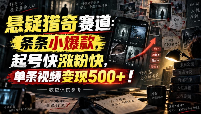 📌 #短视频  | 活动线报 · 返佣平台✍️ 《悬疑猎奇赛道 条条小爆款 起号快涨粉快 单条视频变现500+》📖 项目介绍：悬疑猎奇赛道，条条小爆款，起号快涨粉快，单条视频变现500+，收益仅供参考，这种视频制作起来很简单，全部AI，槽点多爱看的人多很好起量