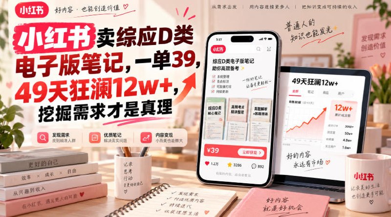 📌 #小红书  | 活动线报 · 返佣平台✍️ 《小红书卖综应D类电子版笔记 一单39 49天狂澜12w+ 挖掘需求才是真理》📖 项目介绍：低门槛、高复利的虚拟资料轻创业项目，主打事业单位教师岗综应D类电子版备考笔记，单份定价39元，实操案例49天售出3200份，纯利润超12万元