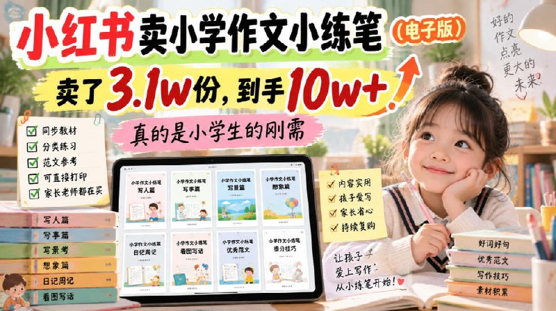 📌 #小红书  | 活动线报 · 返佣平台✍️ 《小红书卖小学作文小练笔（电子版）3.1w份 到手10w+ 小学生刚需》📖 项目介绍：小红书虚拟资料电商，主打小学作文电子版小练笔，对标同行单店2.9元引流款售出3.1W份，到手收益10 W+