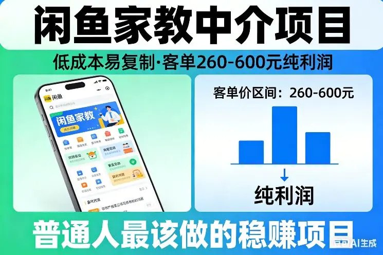 📌 #闲鱼 ✍️  《闲鱼家教中介项目 低成本易复制 客单260-600不等纯利润》💡  项目介绍：历经一年严选，推出低成本、易复制的家教中介项目