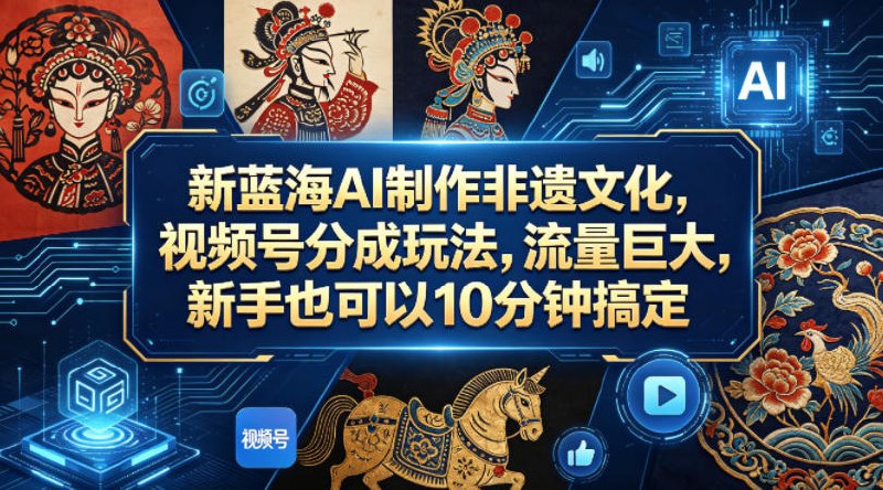 📌 #视频号 ✍️ 《新蓝海AI制作非遗文化 视频号分成玩法 流量巨大 新手也可以10分钟搞定》📖 项目介绍：用AI一键生成非遗文化短视频，零门槛、10分钟出片，靠视频号广告分成变现