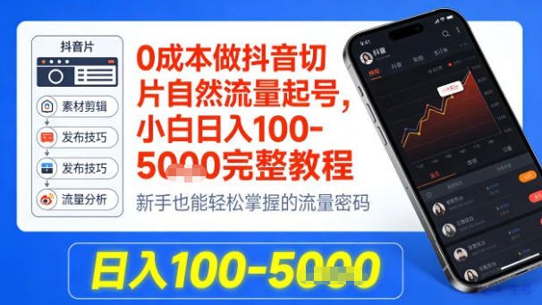 📌 #短视频 ✍️ 《0成本做抖音切片自然流量起号 小白日入100-1k+完整教程》📖 项目介绍：抖音切片是零门槛自然流变现项目，操作简单易上手！先对接正规授权机构，免费获取合规权限避免侵权风险；再挑选垂直领域高势能达人，优先选供应链稳定、粉丝画像精准的IP，流量转化更稳