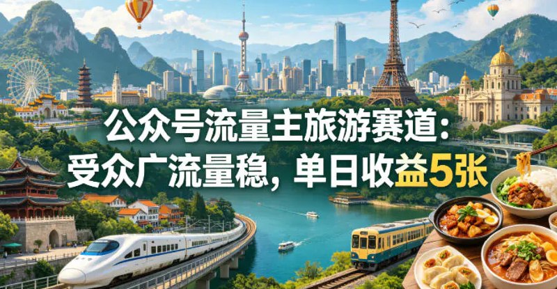 📌 #公众号 ✍️ 《公众号流量主之旅游赛道 受众广+流量稳 平均单日收益5张+》📖 项目介绍：无需拍摄剪辑、无需高额出行成本，仅靠文字种草即可起号变现