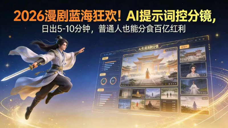 📌 #短视频 ✍️ 《2026漫剧红利 AI提示词控分镜 普通人也能轻松月入过万》📖 项目介绍：漫剧赛道的百亿红利， 正让无数普通人实现 “ 轻资产、 高回报 ” 的增 收梦想， 而 AI 提示词控分镜技术， 就是你撬动这份收益的关键钥匙， 无需专业 基础， 无需大额投入， 每天花 1-2 小时， 就能解锁月入过万的可能