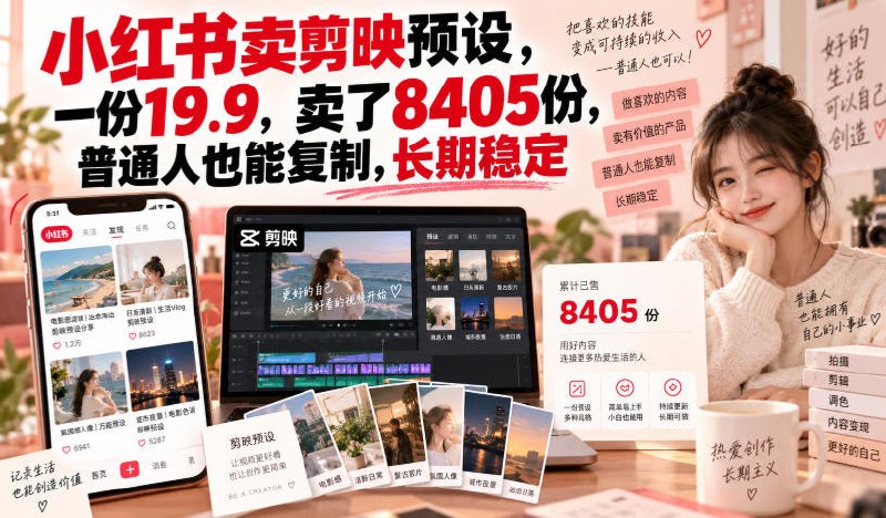 📌 #小红书  | 活动线报 · 返佣平台✍️ 《小红书卖剪映预设 一份19.9 卖了8405份 普通人也能复制 长期稳定》📖 项目介绍：剪映预设变现是低门槛、零边际成本的小红书虚拟资料稳定变现项目，已有从业者凭借19.9元的预设单品，售出8405份，斩获16W+收益，适合新手零基础入局