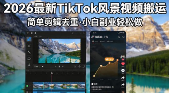📌 #短视频 ✍️ 《2026最新TikTok风景视频搬运简单剪辑去重 小白副业月入8k》📖 项目介绍：通过TikTok搬运风景视频进行二创，适合小白零门槛入局