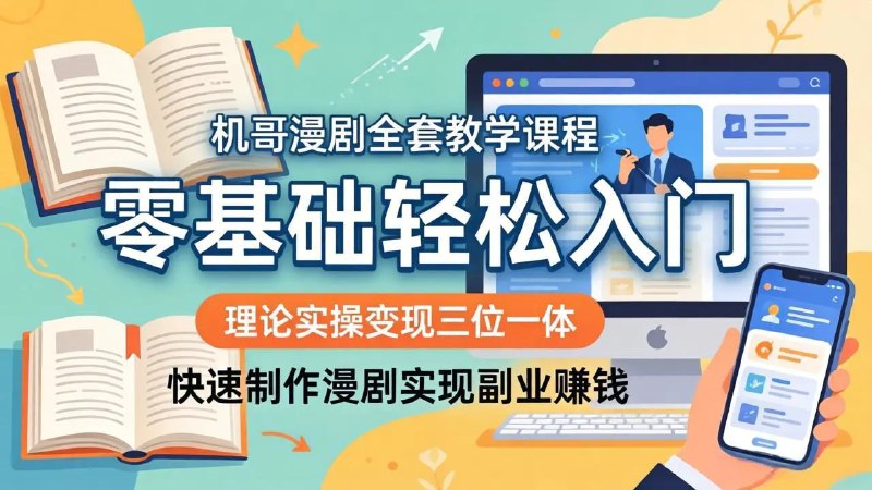 📌 #漫剧 ✍️ 《机哥漫剧全套教学课程 理论实操变现三位一体 零基础轻松入门》📖 项目介绍：讲解漫剧行业逻辑、爆款规律、选题定位与脚本写作，手把手教学素材获取、剪辑制作、字幕配音、调色优化等实操技能，同时拆解多渠道变现方式，配套工具与指令素材，帮助新手快速做号盈利