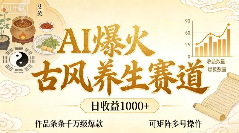 📌 #短视频 ✍️ 《AI爆火古风养生赛道 日收益1k+单条作品点赞破万+ 可矩阵多号操作》📖 项目介绍：当下养生赛道迎来全新风口——AI+古风吐槽式养生，打破传统养生内容的枯燥说教，以“老祖宗的智慧+年轻人的吐槽”模式，快速引爆流量，轻松实现日收益1000+，单条作品点赞破万+，零门槛适配小白