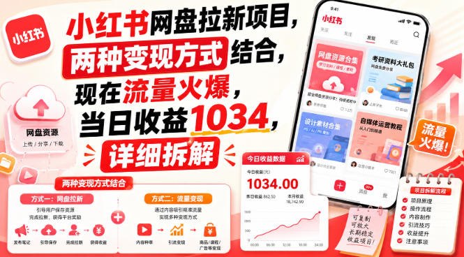 📌 #小红书  | 活动线报 · 返佣平台✍️ 《小红书网盘拉新项目 两种变现方式结合 现在流量火爆 当日收益1034 详细拆解》📖 项目介绍：小红书网盘拉新项目，两种变现方式结合，现在流量火爆，当日收益1034，详细拆解，项目简单，适合新手小白操作