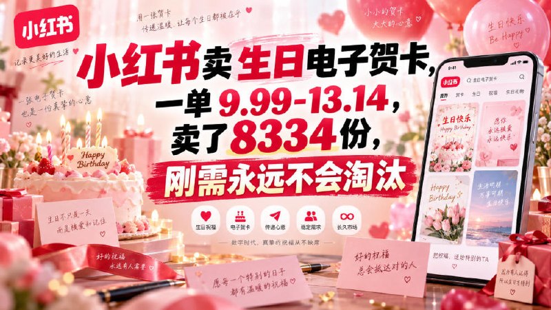 📌 #小红书  | 活动线报 · 返佣平台✍️ 《小红书卖生日电子贺卡 一单9.99-13.14 卖了8334份 刚需永远不会淘汰》📖 项目介绍：小红书虚拟资料赛道，主打生日电子贺卡售卖，客单价9.99‑13.14，案例账号累计售出8334份，营收超10W