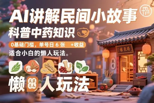 📌 #短视频 ✍️  《AI讲解民间小故事 科普中药知识 0基础门槛 单号日6张+收益》💡  项目介绍：中药科普玩法，中华文化瑰宝，项目自带流量，玩法属于懒人玩法，变现能力强，作品可以一稿多发