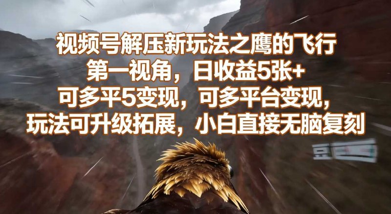 📌 #视频号 ✍️ 《视频号解压新玩法之鹰的飞行第一视角 日收益5张+ 可多平台变现》📖 项目介绍：小白零门槛、玩法可复制、多平台变现的短视频副业项目，主打「鹰的飞行第一视角」解压内容赛道，依托视频号等主流平台，凭借沉浸式高空飞行内容的天然解压属性，实现稳定流量与高效变现