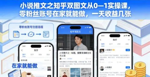 ✍️  《小说推文之知乎双图文从0—1实操课 零粉丝账号在家就能做》💡  项目介绍：项目原理小说推文项目，简单地说，就是将要推荐的小说的精彩部分提炼出来，制作成视频，发布到抖音等短视频平台上