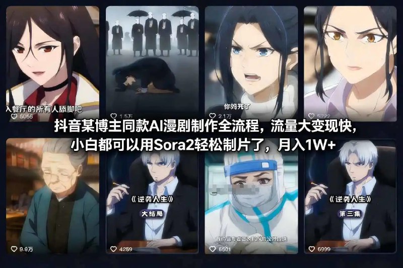 ✍️  《抖音某博主同款AI漫剧制作全流程 流量大变现快 小白都可以用Sora2轻松制片》💡  项目介绍：通俗来讲漫剧解说，简单些说便是，依靠AI将小说制作成动态漫画+配音解说的短视频，它把小说的剧情，、动画的画面感以及短视频的传播效率融合在一块，挺适宜下面这类人群