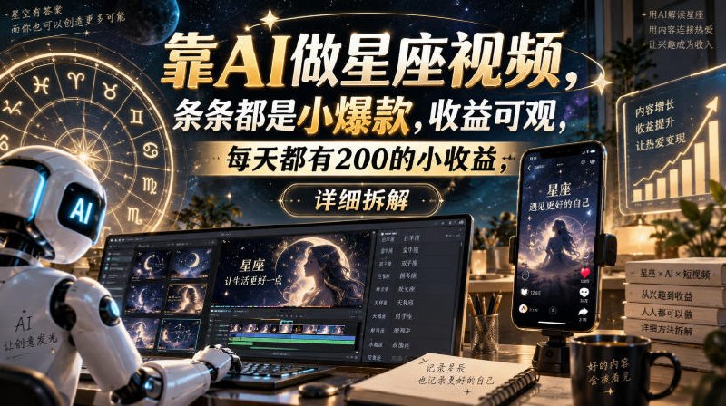 📌 #短视频  | 活动线报 · 返佣平台✍️ 《靠AI做星座视频 条条都是小爆款 收益可观 每天都有200的小收益 详细拆解》📖 项目介绍：轻副业实测，AI做星座账号，每天稳定200收益，此类型的玩法适合想要在短视频上拿到结果的小伙伴，慢慢做就能起来，人群很精准，后续想转什么变现都是可以的