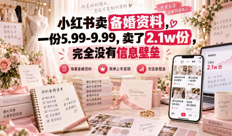 📌 #小红书  | 活动线报 · 返佣平台✍️ 《小红书卖备婚资料 一份5.99-9.99 卖了2.1w份 完全没有信息壁垒》📖 项目介绍：适合普通人零门槛入局的小红书虚拟资料轻创业项目，无需囤货、发货、露脸直播，依托备婚刚需赛道，售卖自制电子资料盈利