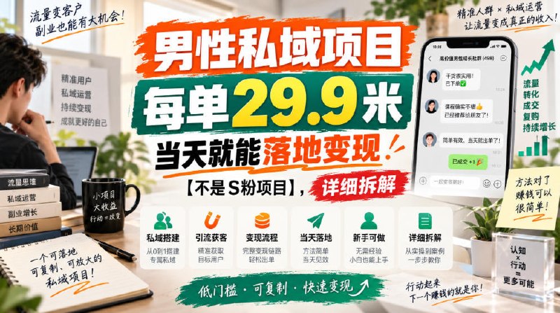 📌 #短视频  | 活动线报 · 返佣平台✍️ 《男性私域项目 每单29.9米 当天就能落地变现【不是S粉项目】 详细拆解》📖 项目介绍：这个男性私域项目很有前景人群巨大，随便一条视频都能加不少人，现在我看来属于刚需了，有兴趣的铁子可以看看